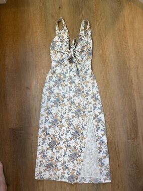 Abercrombie & Fitch Cream Floral Tie-Front Midi Dress with Blue and Tan Accents